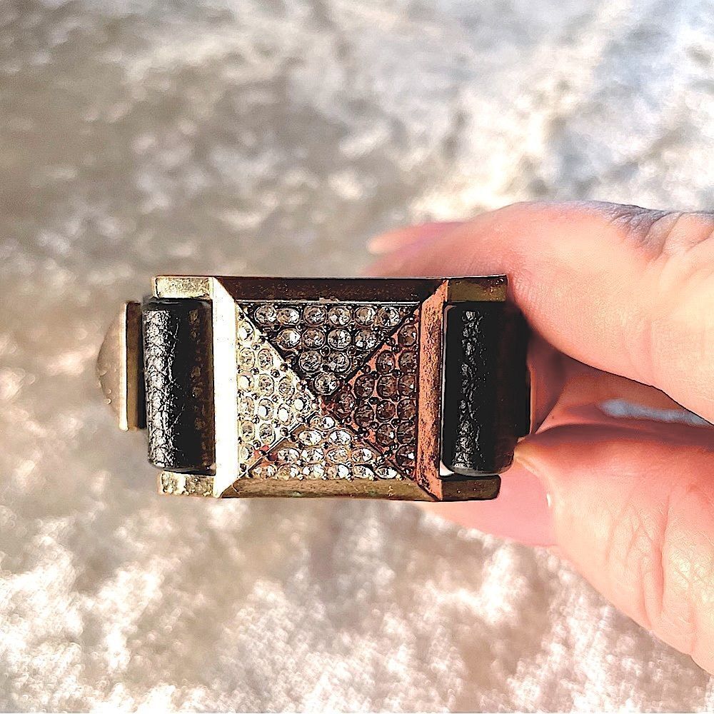 Vintage l Leather, Gold  & Rhinestones Bracelet l Snap Adjustment